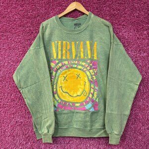 Nirvana Nevermind Grunge Band Mineral Wash Crewneck Green Sweater Size XL